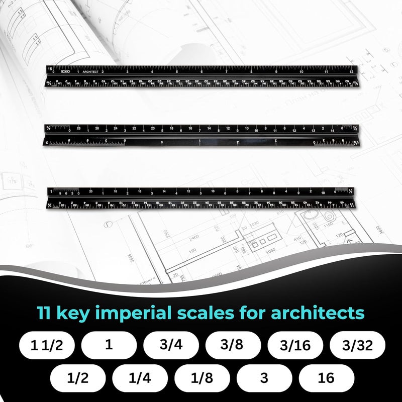 NOKKO 12 Inch Architectural Scale Ruler - Imperial Measurements, Professional Aluminum Drafting Tools for Architects, Engineers, Interior Designers, Students, and DIY Projects - Architecture Supplies - Image 4